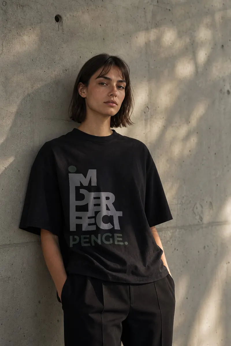 Model wearing the black IMPERFECT tee against a concrete wall