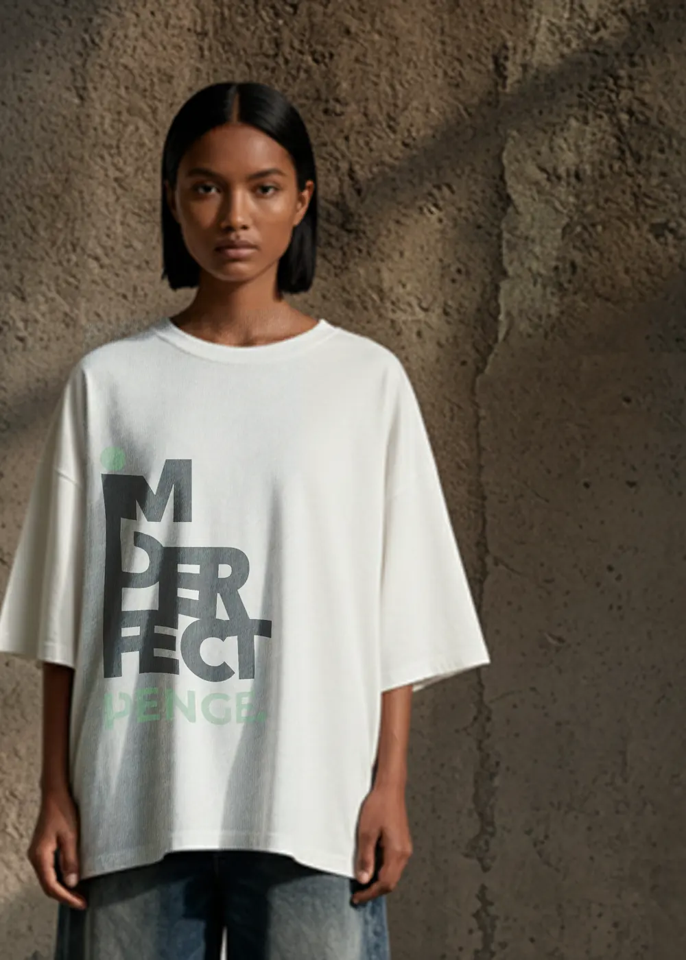 The IMPERFECT tee against a concrete wall