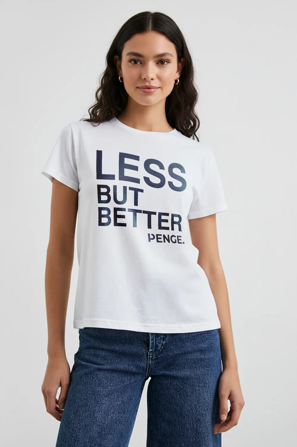 Woman wearing the LESS BUT BETTER tee