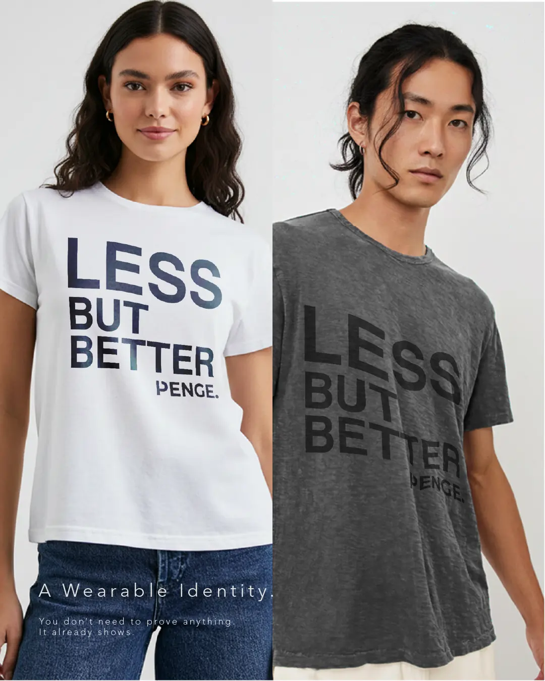 Two models wearing the LESS BUT BETTER tee in different colours