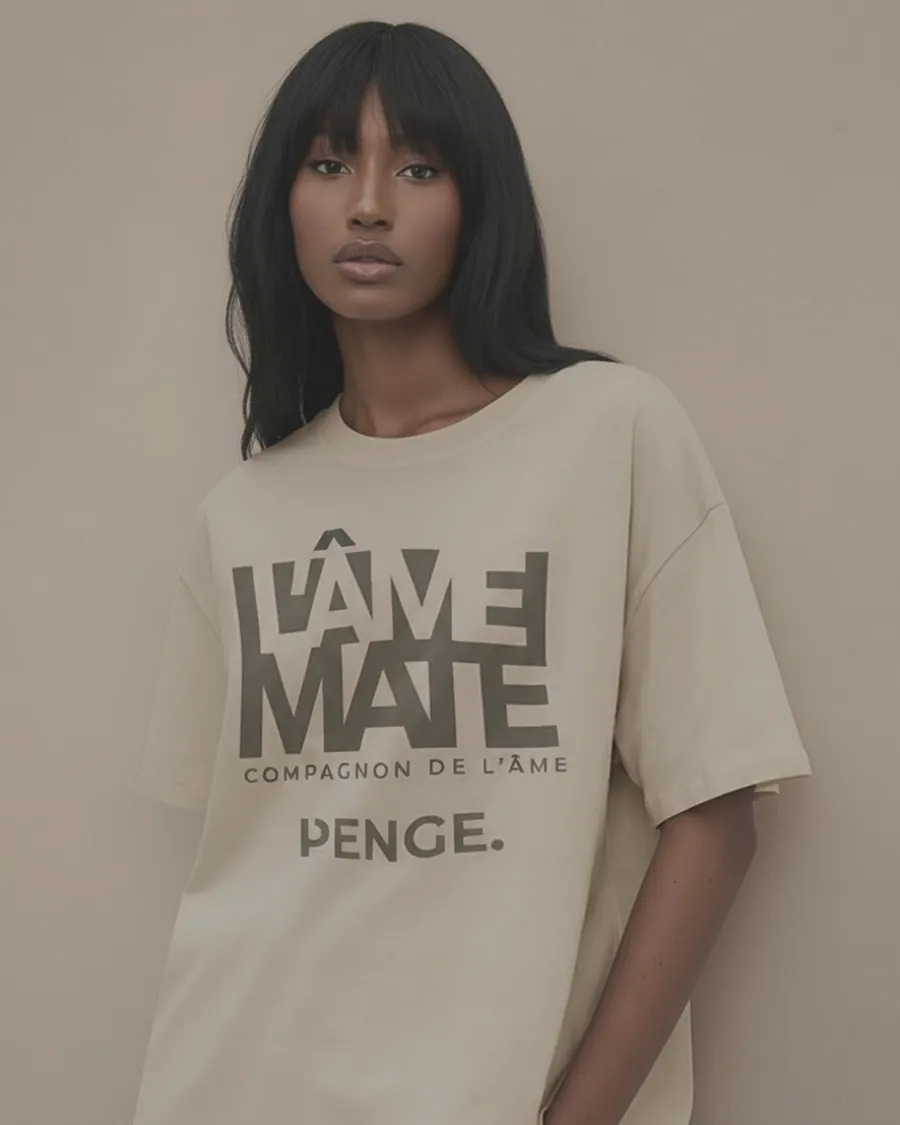 Model in the natural L’ÂME MATE tee against a warm neutral wall
